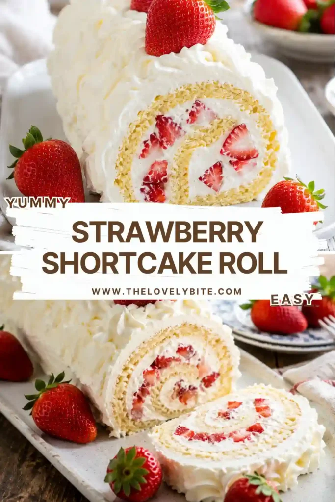 A Strawberry Shortcake Roll Recipe topped with fresh strawberries and whipped cream on a serving platter. The soft vanilla sponge cake reveals a beautiful spiral of creamy filling and juicy berries.