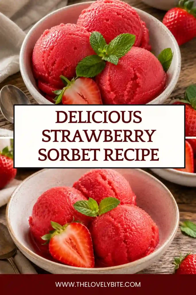 Refreshing Strawberry Sorbet scooped into a chilled dessert bowl with sliced fresh strawberries. This easy strawberry sorbet recipe creates a smooth and fruity frozen treat.