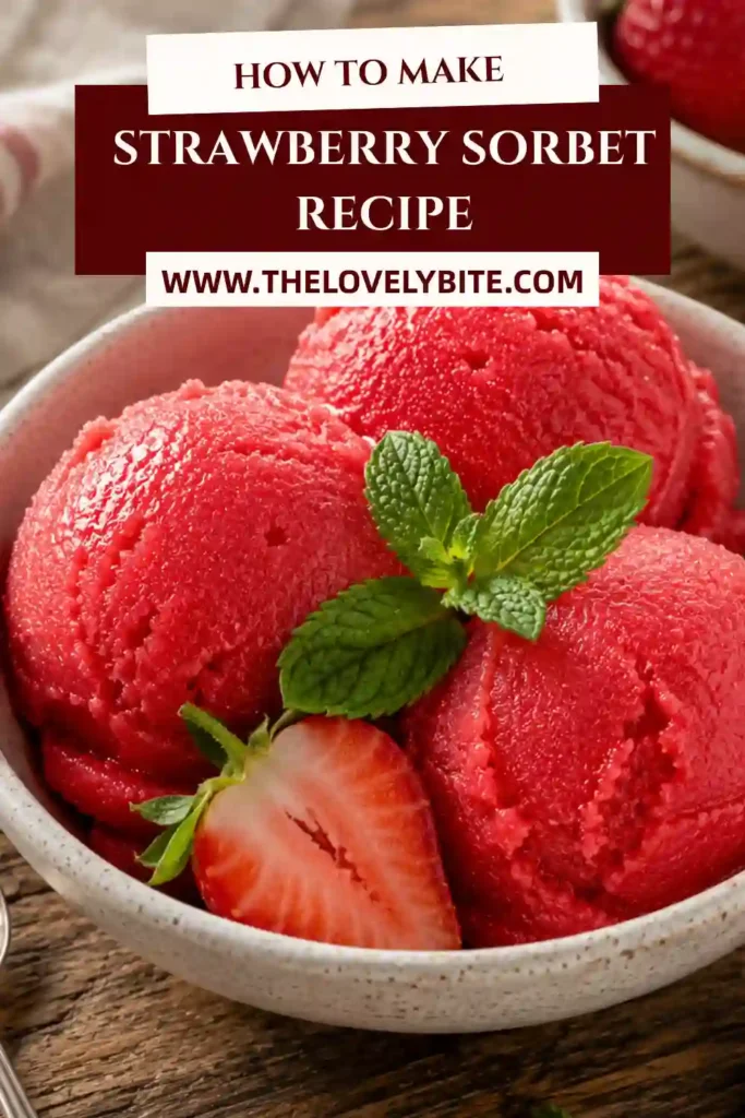 Close-up of creamy Strawberry Sorbet served with fresh strawberries and mint leaves. The vibrant frozen dessert is made from simple ingredients.