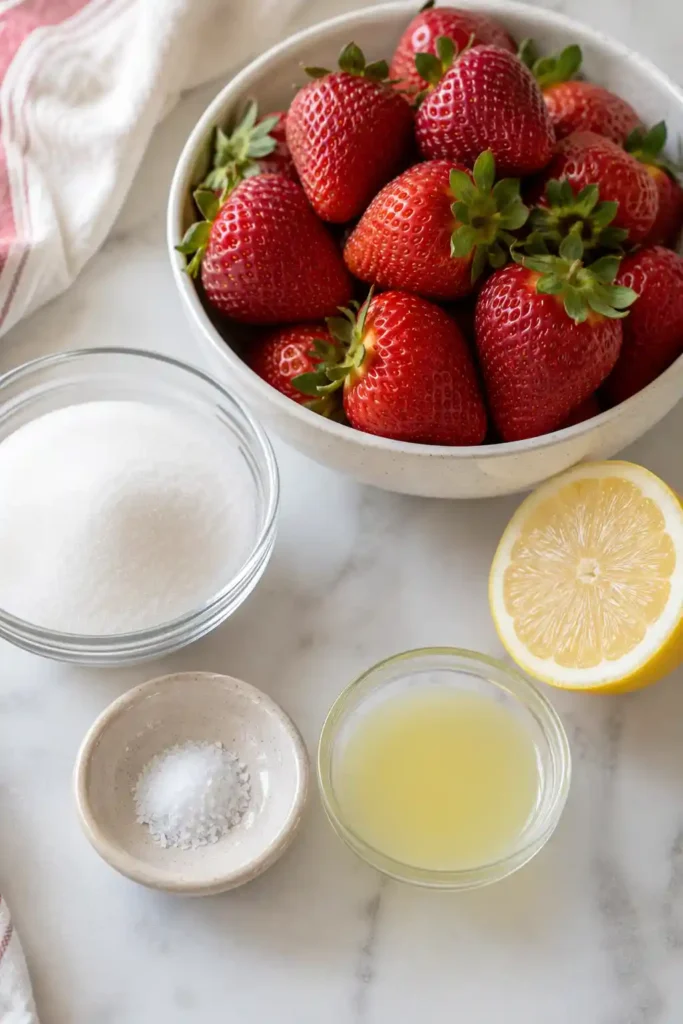 A serving of homemade Strawberry Sorbet in a white bowl topped with fresh strawberry slices. This dairy-free sorbet is light, refreshing, and naturally fruity.