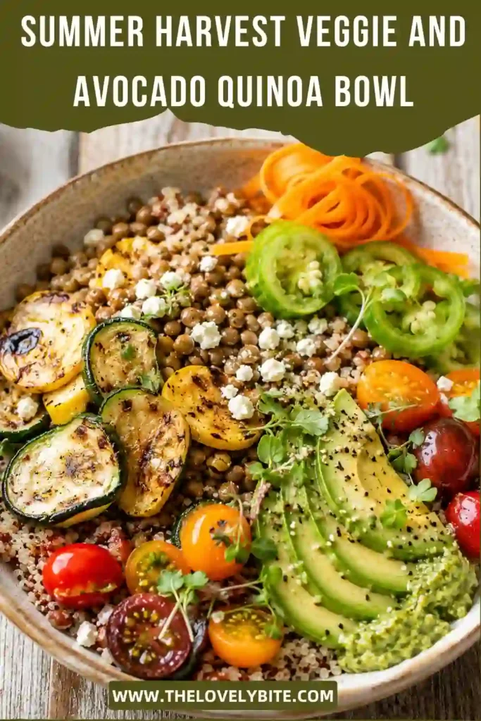 A colorful Summer Harvest Veggie and Avocado Quinoa Bowl filled with grilled squash, peppers, beets, lentils, creamy avocado, cherry tomatoes, and basil vinaigrette. This healthy summer bowl is fresh, vibrant, and packed with seasonal ingredients.