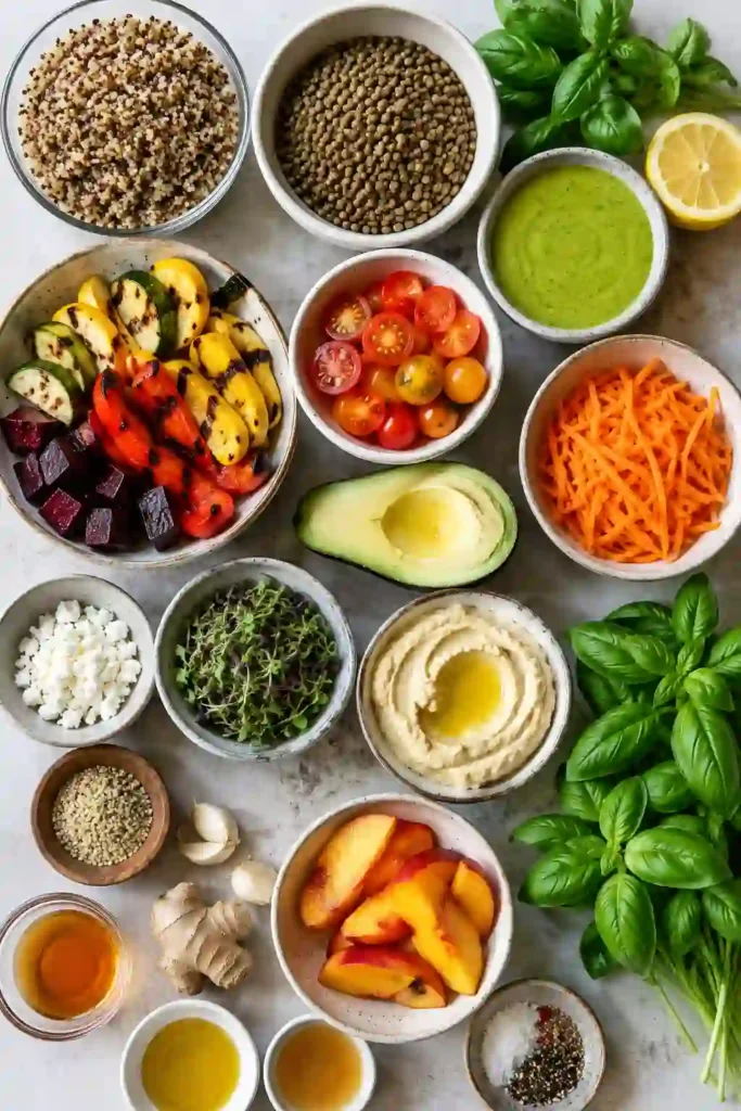 A vibrant grilled vegetable bowl featuring quinoa, lentils, avocado, fresh berries, tomatoes, goat cheese, and homemade avocado basil dressing. A balanced vegetarian lunch recipe.