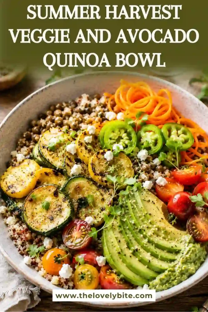 Healthy quinoa bowl topped with grilled vegetables, green lentils, avocado slices, cherry tomatoes, goat cheese, and microgreens. A delicious vegetarian meal bursting with fresh summer flavors.