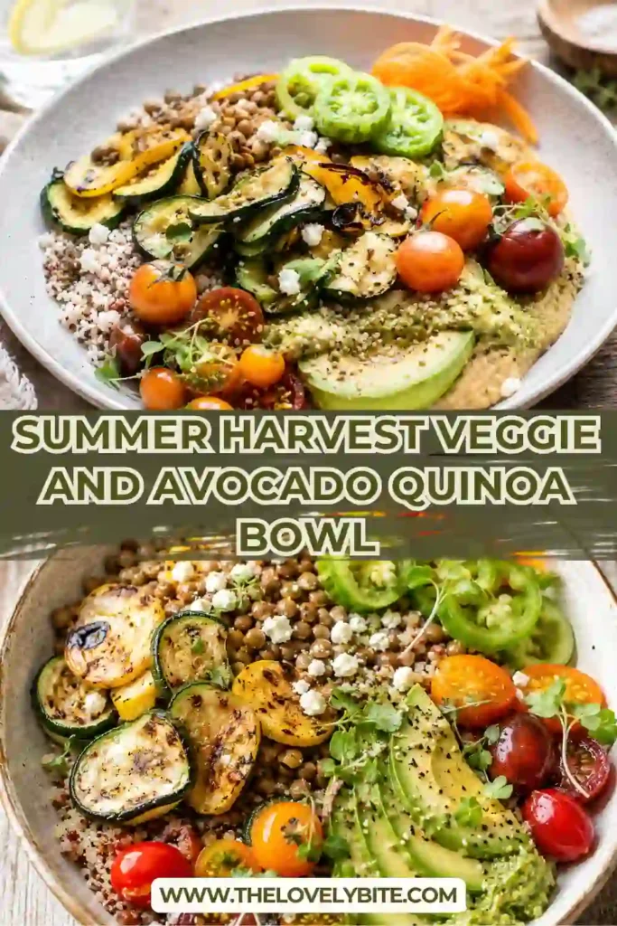 Fresh avocado quinoa salad served with grilled vegetables, lentils, hummus, and basil vinaigrette in a colorful grain bowl. A wholesome and nutritious summer recipe.
