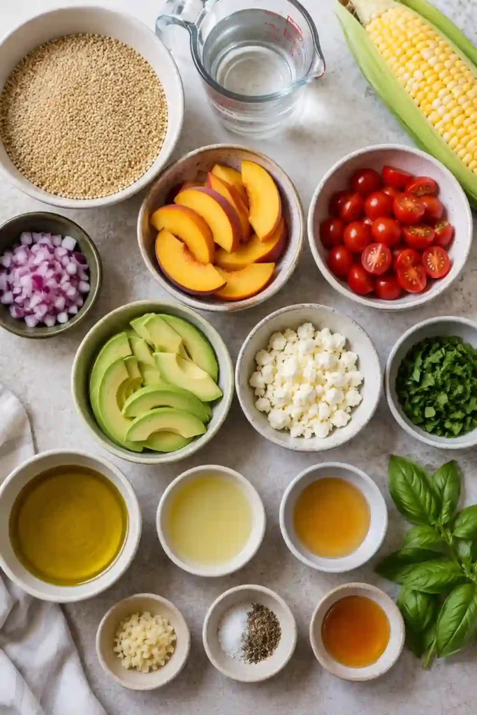 A colorful Summer Quinoa Salad filled with peaches, sweet corn, avocado, grape tomatoes, feta cheese, and fresh basil tossed in a light lemon vinaigrette. This healthy quinoa salad is perfect for warm-weather meals.