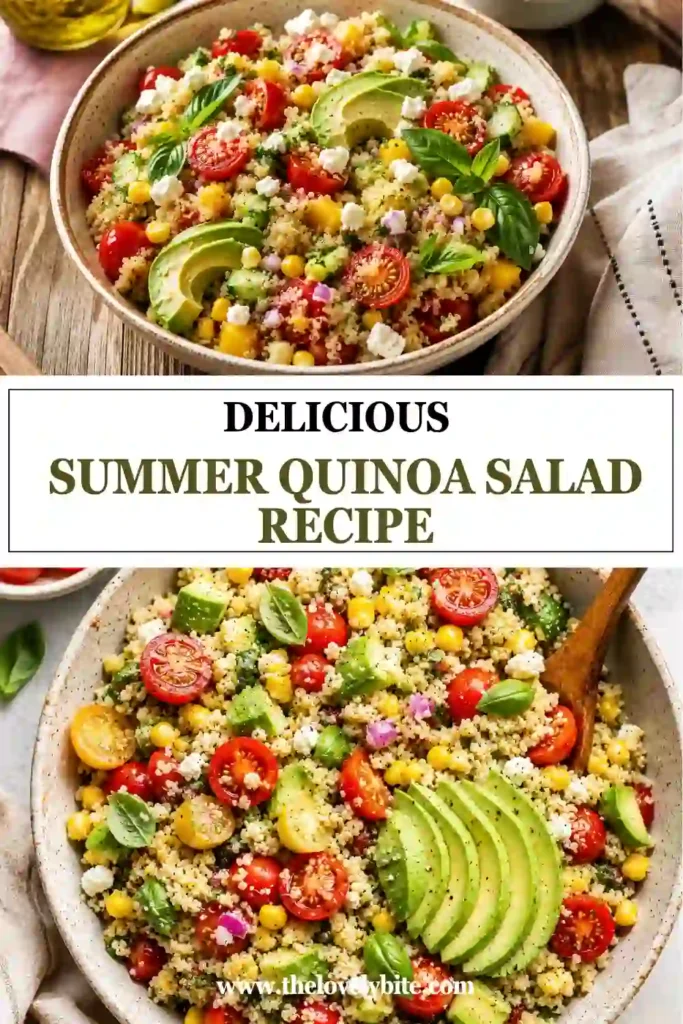 Fresh peach quinoa salad served in a large bowl with fluffy quinoa, creamy avocado, juicy tomatoes, sweet corn, and crumbled feta. A vibrant and nutritious summer recipe.