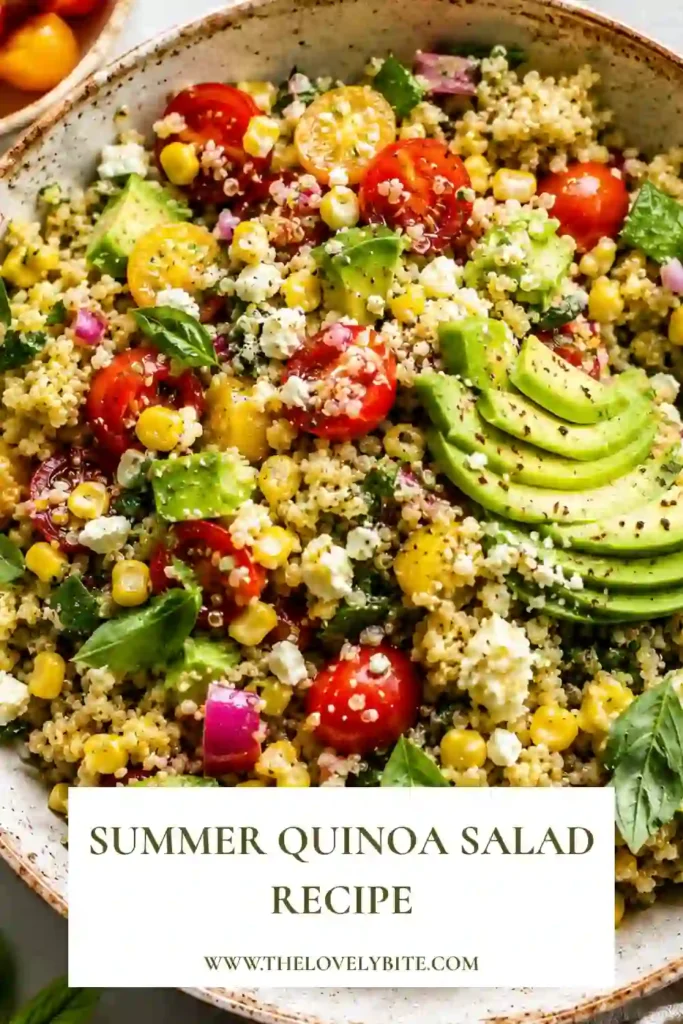 Healthy Summer Quinoa Salad featuring ripe peaches, basil, avocado, and feta tossed with a homemade lemon dressing. A refreshing gluten-free salad for lunch or dinner.