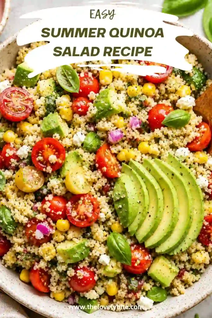 Easy summer salad made with quinoa, peaches, corn, tomatoes, basil, avocado, and feta cheese. This colorful dish is ideal for meal prep, picnics, and outdoor gatherings.
