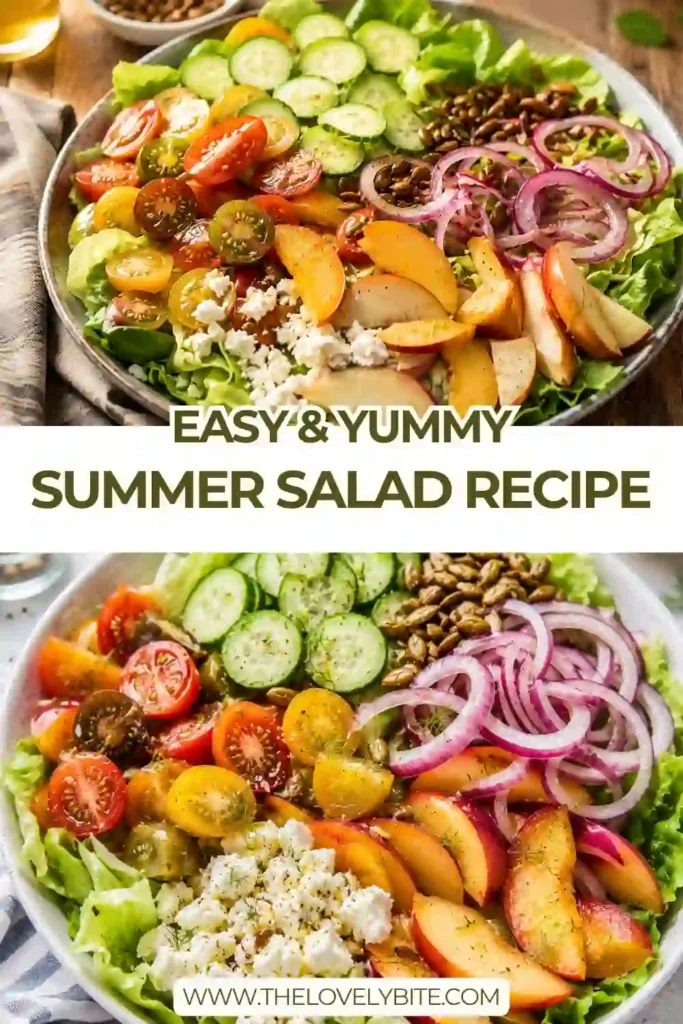 A colorful Summer Salad Recipe made with butter lettuce, ripe peaches, cucumbers, cherry tomatoes, feta cheese, pumpkin seeds, and fresh cilantro. The salad is tossed with a bright homemade lime dressing for a refreshing summer meal.