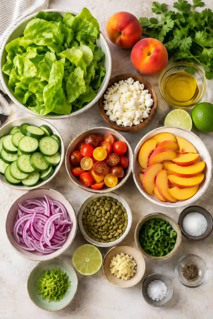 Homemade Summer Salad Recipe served with peaches, cucumbers, tomatoes, feta cheese, pumpkin seeds, and cilantro tossed in a citrus herb dressing.