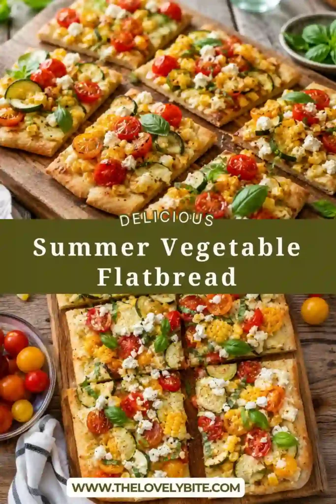 Roasted Vegetable Flatbread baked until crispy and topped with ricotta, goat cheese, sweet corn, zucchini, and cherry tomatoes. A colorful vegetarian recipe for summer.