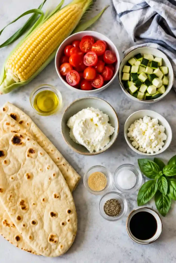 A crispy Summer Vegetable Flatbread topped with roasted corn, zucchini, cherry tomatoes, creamy ricotta, goat cheese, fresh basil, and balsamic glaze. This colorful vegetarian flatbread is perfect for a fresh summer dinner.