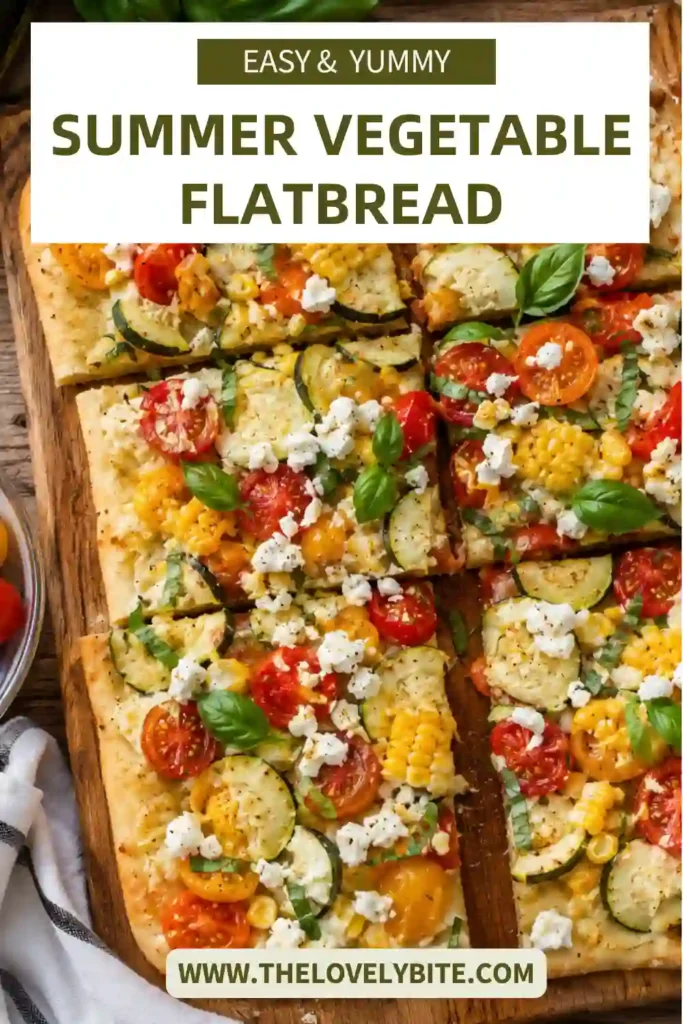 Vegetarian flatbread recipe featuring roasted zucchini, corn, cherry tomatoes, ricotta cheese, goat cheese, basil, and balsamic glaze on crispy naan.