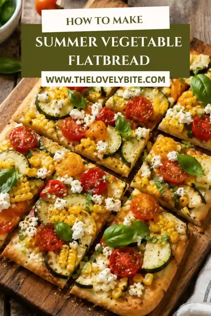 Summer Vegetable Flatbread served with roasted vegetables, creamy ricotta, goat cheese, fresh basil, and balsamic glaze on crisp naan bread.