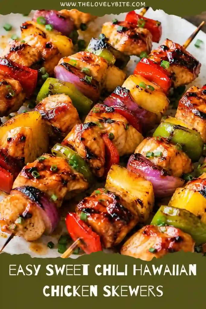 Sweet Chili Hawaiian Chicken Skewers grilled with juicy chicken, fresh pineapple, colorful bell peppers, and onions. The skewers are brushed with a glossy sweet chili glaze and served hot.