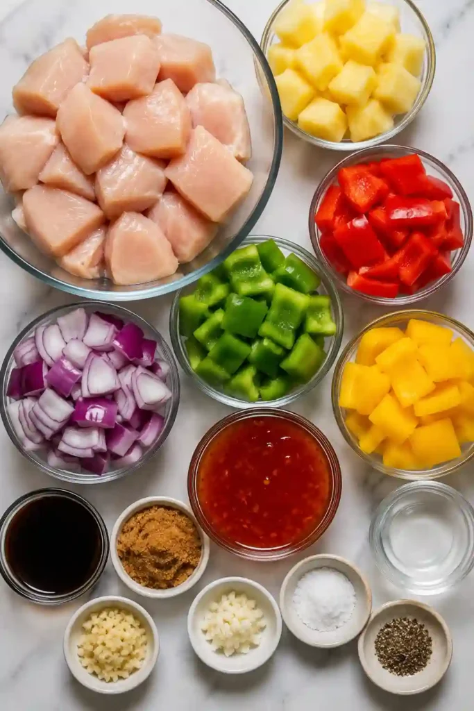 BBQ chicken skewers loaded with pineapple, bell peppers, onions, and glazed with homemade sweet chili sauce. A vibrant tropical-inspired grilled meal.