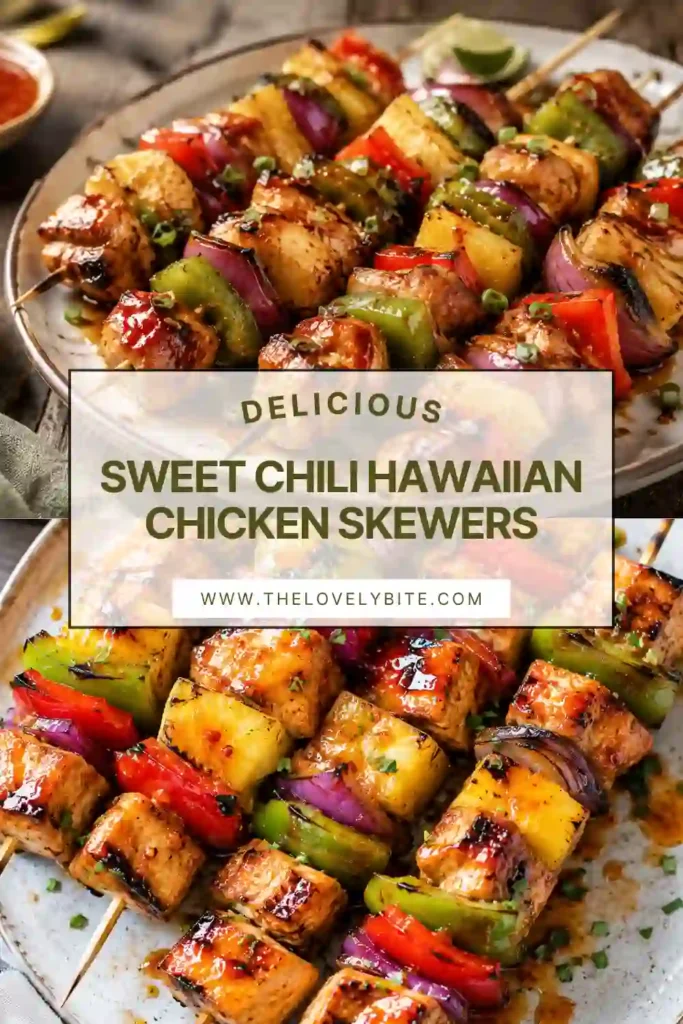 Grilled Hawaiian chicken skewers featuring tender chicken breast, pineapple chunks, peppers, and onions with a homemade sweet chili sauce. Perfect for backyard grilling and summer meals.