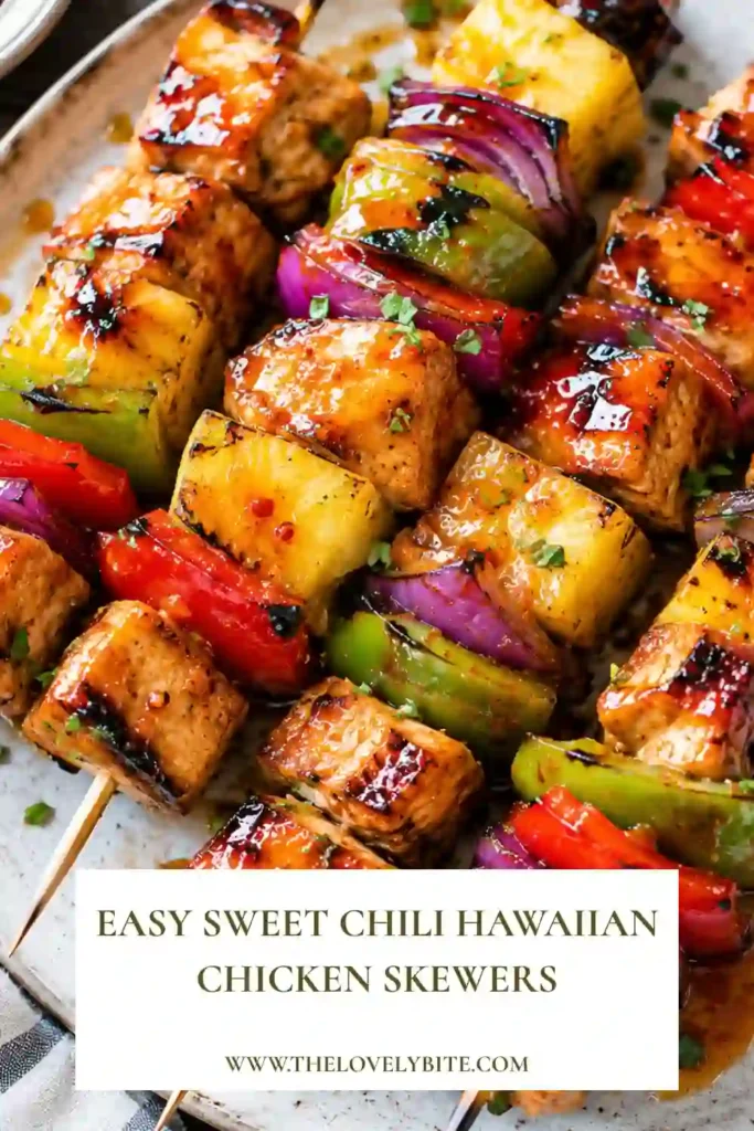 Pineapple chicken kabobs served over fluffy rice with chopped scallions and glossy sweet chili sauce. A colorful grilled dinner recipe for the whole family.