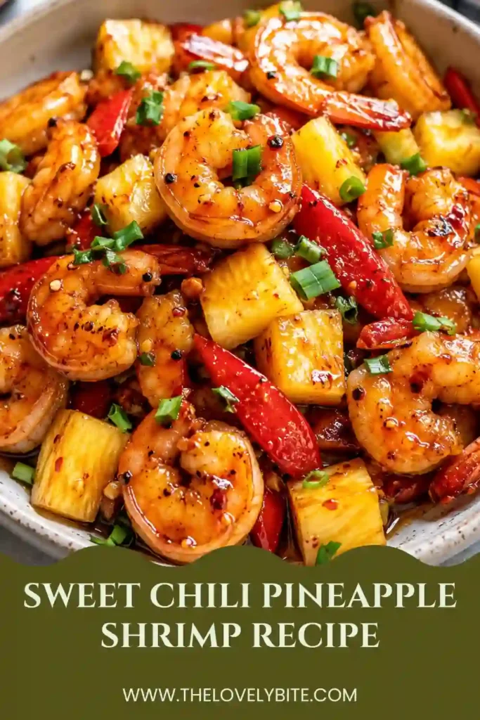 Close-up of pineapple shrimp cooked in sweet chili sauce with fresh garlic and ginger. This easy shrimp dinner is vibrant, flavorful, and ready in minutes.