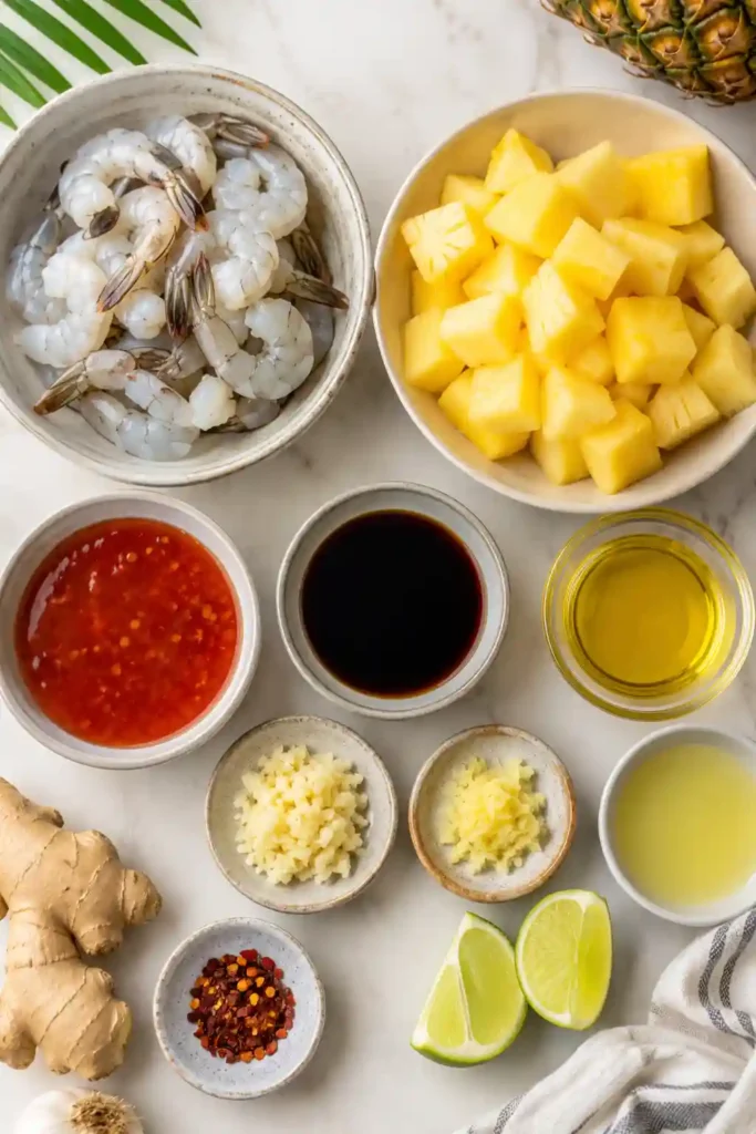 Sweet Chili Pineapple Shrimp Recipe served with steamed rice and fresh herbs. Juicy shrimp and pineapple create a colorful, restaurant-style seafood meal.