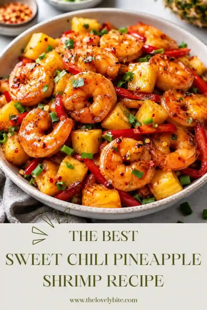 Tender shrimp with pineapple tossed in a sticky sweet chili glaze and garnished with green onions. A delicious tropical shrimp recipe perfect for weeknight dinners.