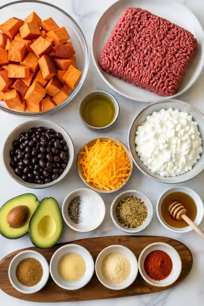 Close-up of a Sweet Potato Beef Bowl featuring roasted sweet potatoes, seasoned beef, black beans, creamy cottage cheese, avocado, cheddar cheese, and freshly cracked black pepper. A delicious high-protein dinner option.