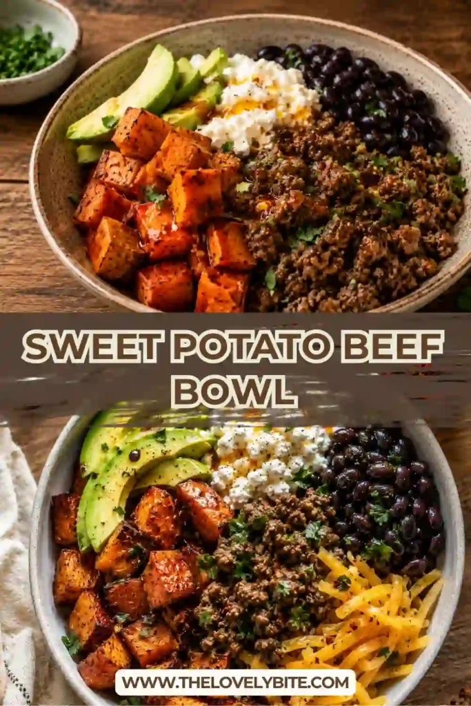 Healthy Sweet Potato Beef Bowl served in a bowl with roasted vegetables, lean ground beef, creamy cottage cheese, shredded cheddar, avocado slices, and a drizzle of hot honey. A balanced and satisfying dinner recipe.