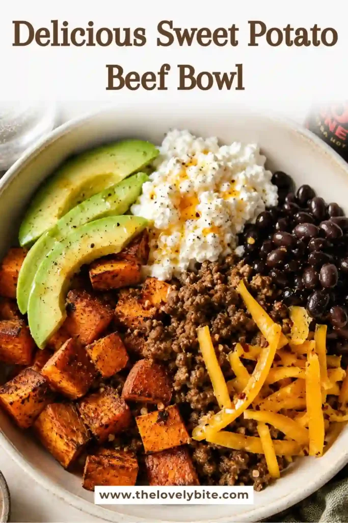 Ground beef sweet potato bowl topped with cottage cheese, black beans, fresh avocado, cheddar cheese, and spicy hot honey. This healthy beef bowl is colorful, nutritious, and easy to prepare.