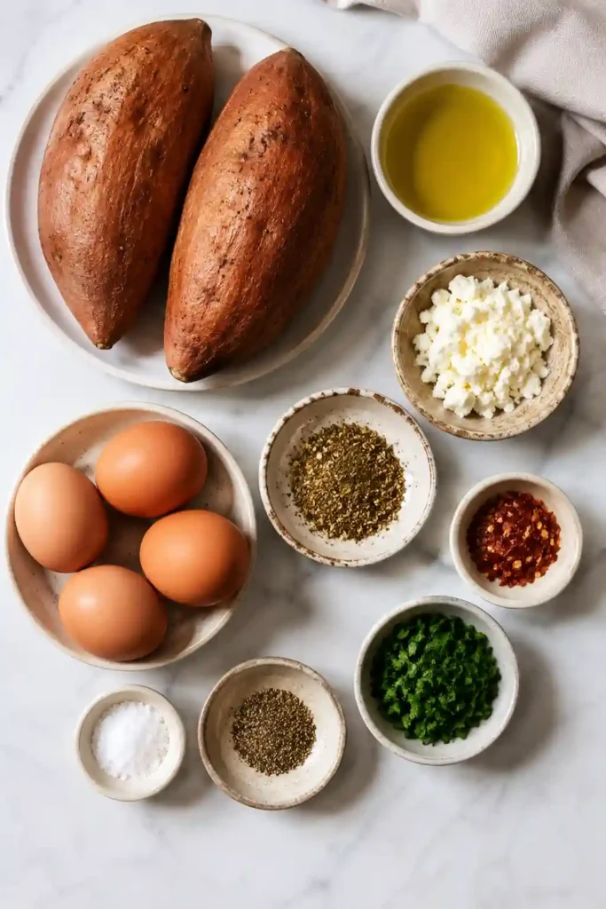 Savory Sweet Potato Breakfast featuring roasted sweet potatoes, fried eggs, creamy feta, and za'atar seasoning. An easy breakfast recipe with vibrant flavors and wholesome ingredients.