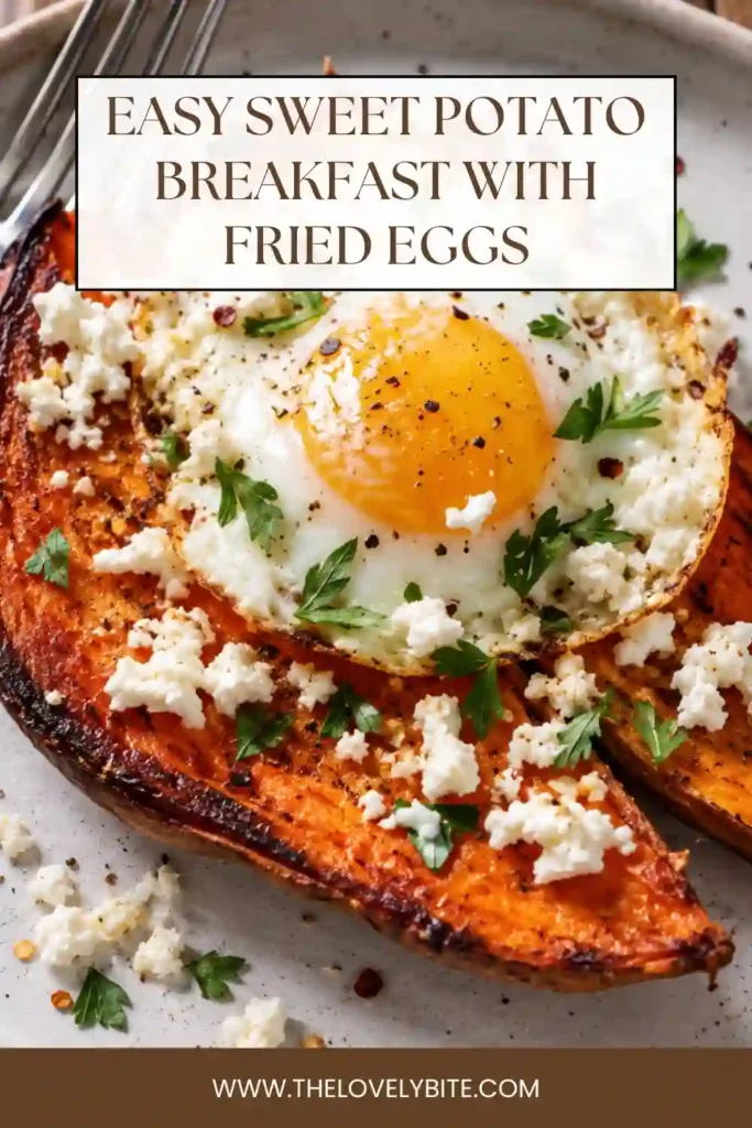 Healthy Sweet Potato Breakfast served with crispy fried eggs, feta cheese, parsley, and Aleppo pepper on a rustic plate. A nutritious breakfast recipe perfect for busy mornings.