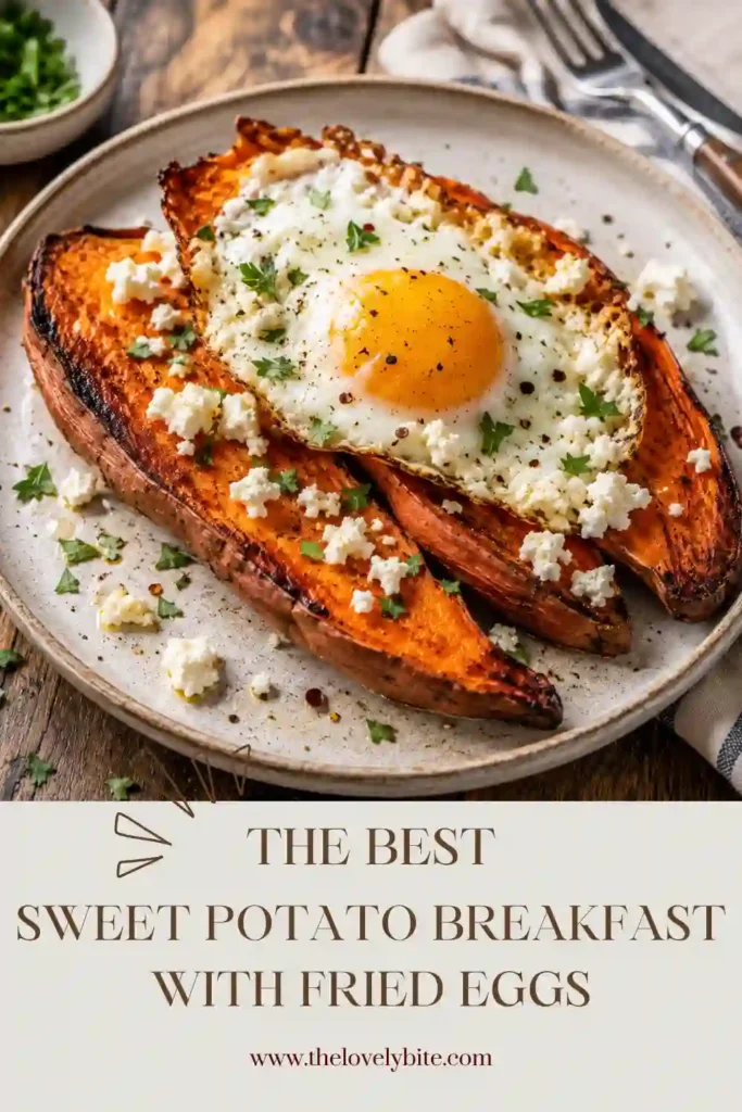 Roasted sweet potatoes filled with golden fried eggs and topped with feta and herbs. This Mediterranean breakfast is high in protein and naturally gluten-free.