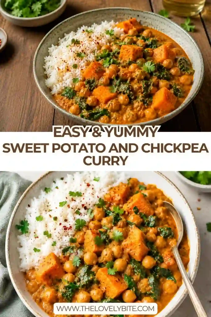 Healthy Sweet Potato and Chickpea Curry simmered in creamy coconut milk with warming spices. This easy curry recipe is comforting, nourishing, and family-friendly.