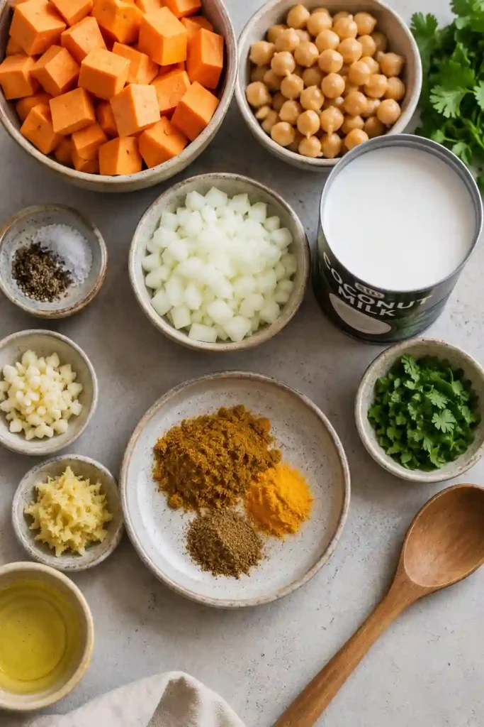 A bowl of creamy Sweet Potato and Chickpea Curry served over fluffy rice and garnished with fresh cilantro. This vegan curry is rich, colorful, and perfect for a healthy weeknight dinner.