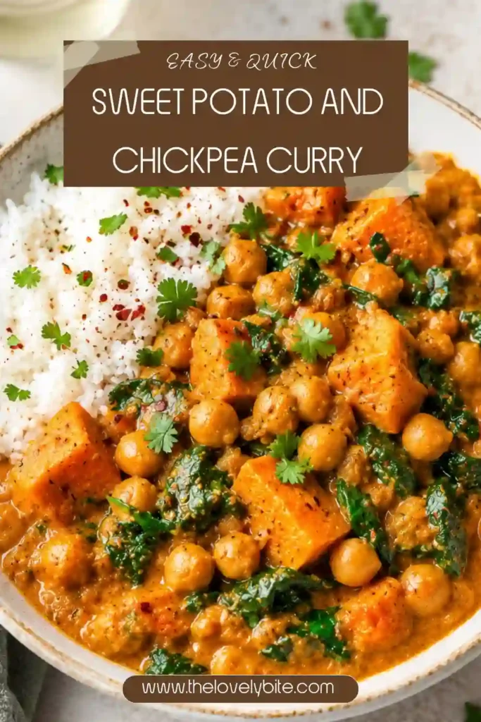 Creamy chickpea coconut curry featuring tender sweet potatoes, chickpeas, and fragrant spices in a rich coconut milk sauce. A comforting gluten-free curry recipe.