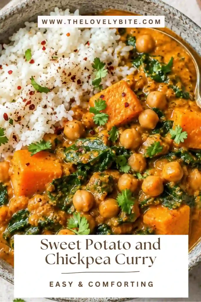 Freshly prepared vegan Sweet Potato and Chickpea Curry topped with chopped cilantro and served in a rustic bowl. A hearty plant-based dinner packed with flavor.