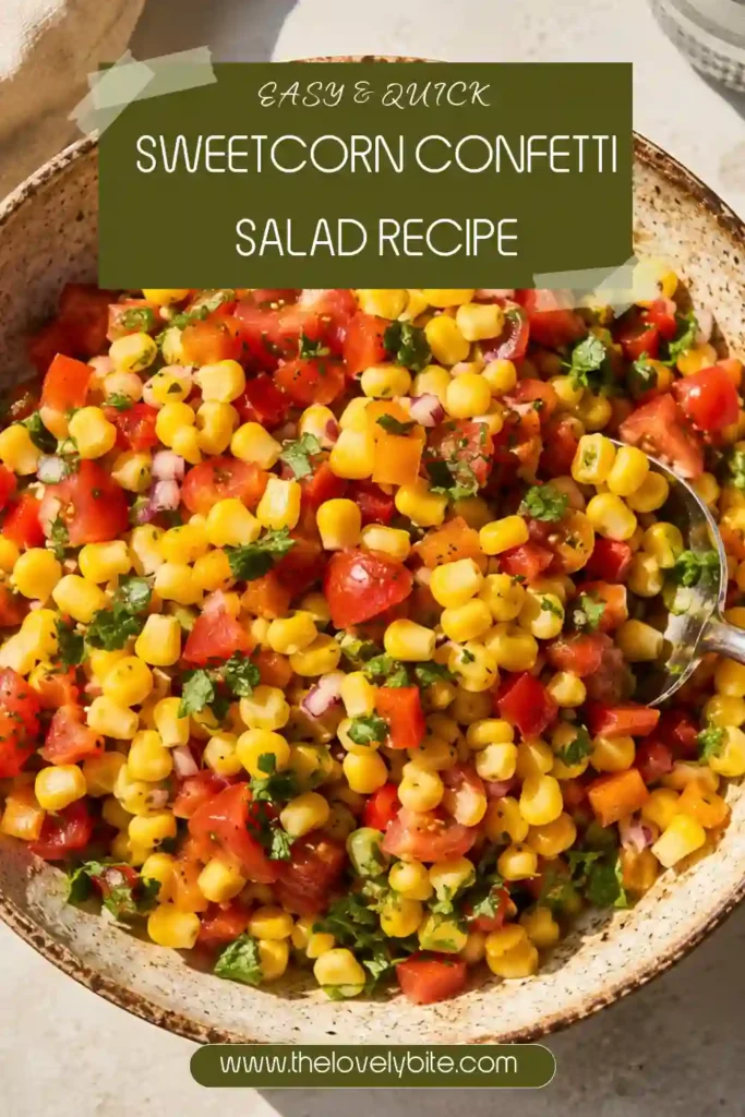 A healthy corn salad featuring juicy cherry tomatoes, crunchy peppers, and fresh coriander with a light lime vinaigrette. Ideal for picnics and BBQs.