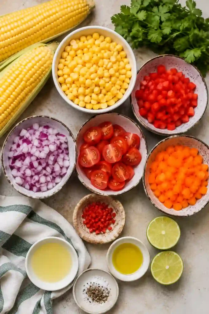 Colorful Sweetcorn Confetti Salad prepared with fresh vegetables and sweet corn, offering a refreshing, light, and nutritious summer side dish.