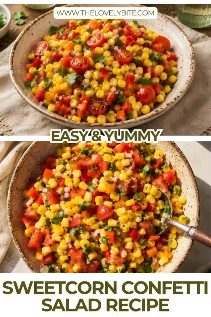 Fresh sweetcorn mixed with red, yellow, and orange peppers, tomatoes, and herbs creates a colorful healthy salad. The lime dressing adds a bright finish to this easy side dish.