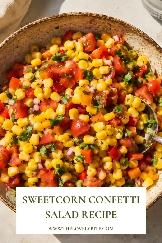 A vibrant Sweetcorn Confetti Salad served in a bowl with fresh corn, colorful bell peppers, cherry tomatoes, and coriander tossed in a zesty lime dressing. The salad looks crisp, fresh, and perfect for summer meals.