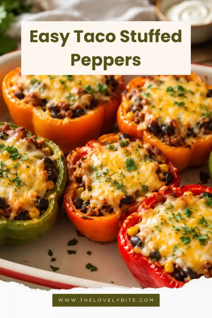 Cheesy stuffed bell peppers with taco-seasoned beef served on a rustic dinner plate.