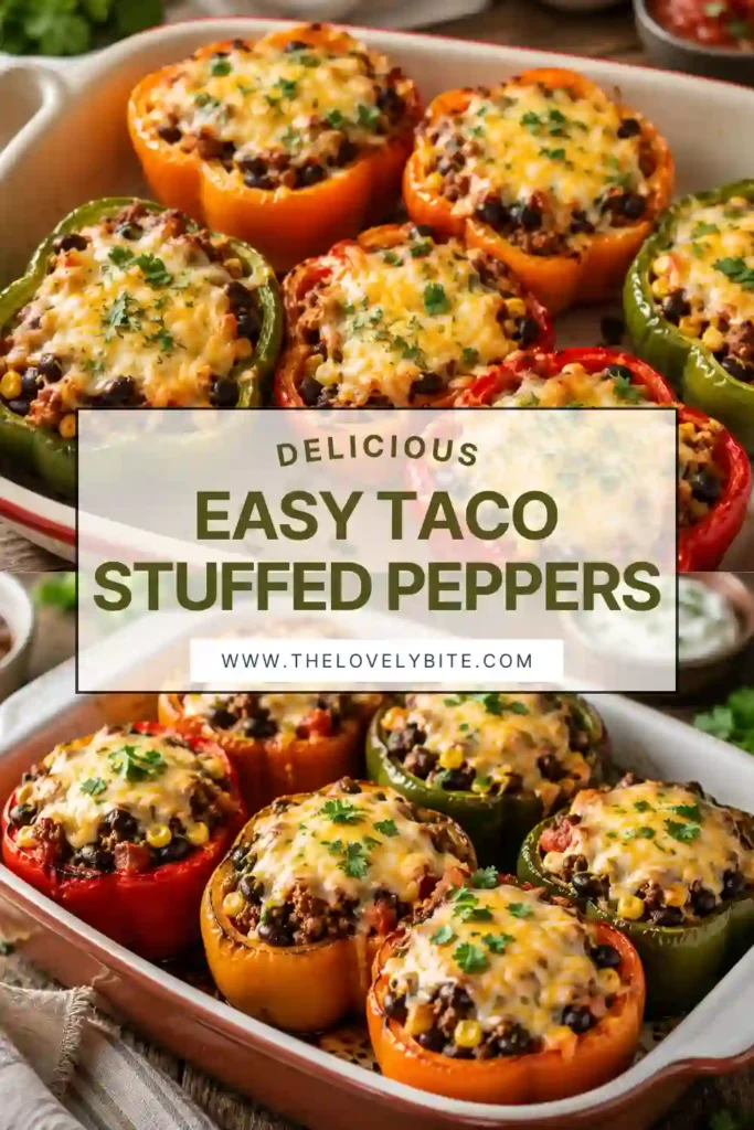Taco Stuffed Peppers filled with seasoned ground beef, black beans, tomatoes, and melted Mexican cheese.