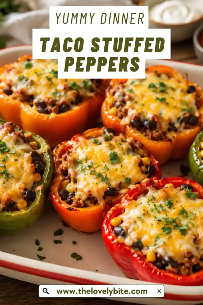 Colorful baked Taco Stuffed Peppers topped with bubbly cheese and fresh cilantro.