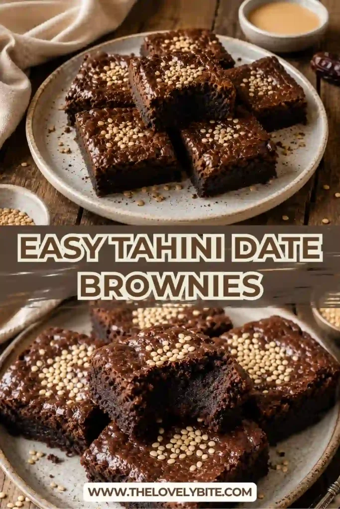 Stacked Tahini Date Brownies showing a soft, moist center with chocolate chips. Perfect healthy brownies for vegan and gluten-free diets.