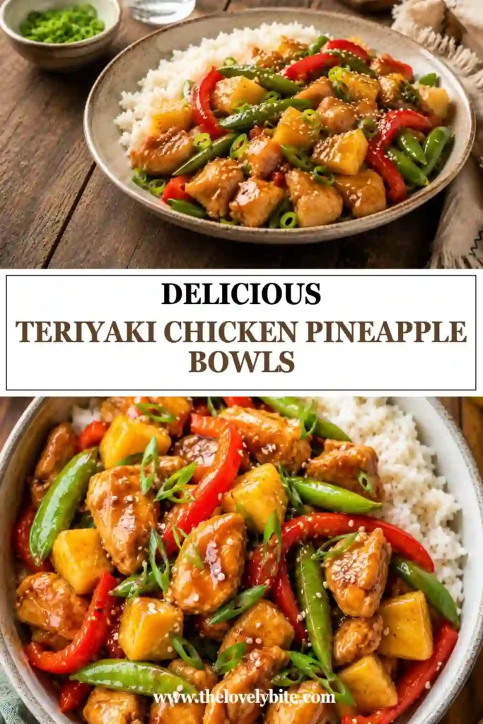 A bowl of Teriyaki Chicken Pineapple Bowls featuring crispy chicken, pineapple chunks, colorful vegetables, and steamed rice topped with sesame seeds and green onions.
