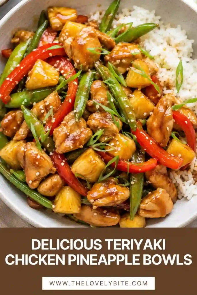 Fresh Teriyaki Chicken Pineapple Bowls served with homemade pineapple teriyaki sauce, bell peppers, sugar snap peas, and fluffy jasmine rice.