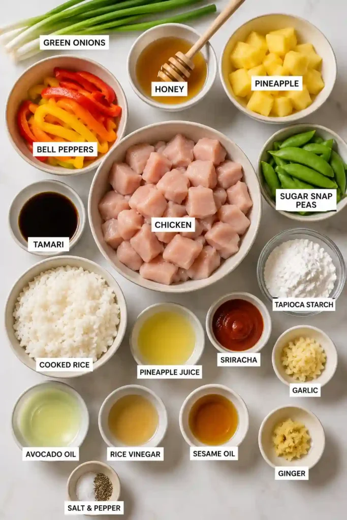 Easy teriyaki chicken recipe served as pineapple chicken bowls with homemade sauce, vegetables, rice, and sesame garnish.