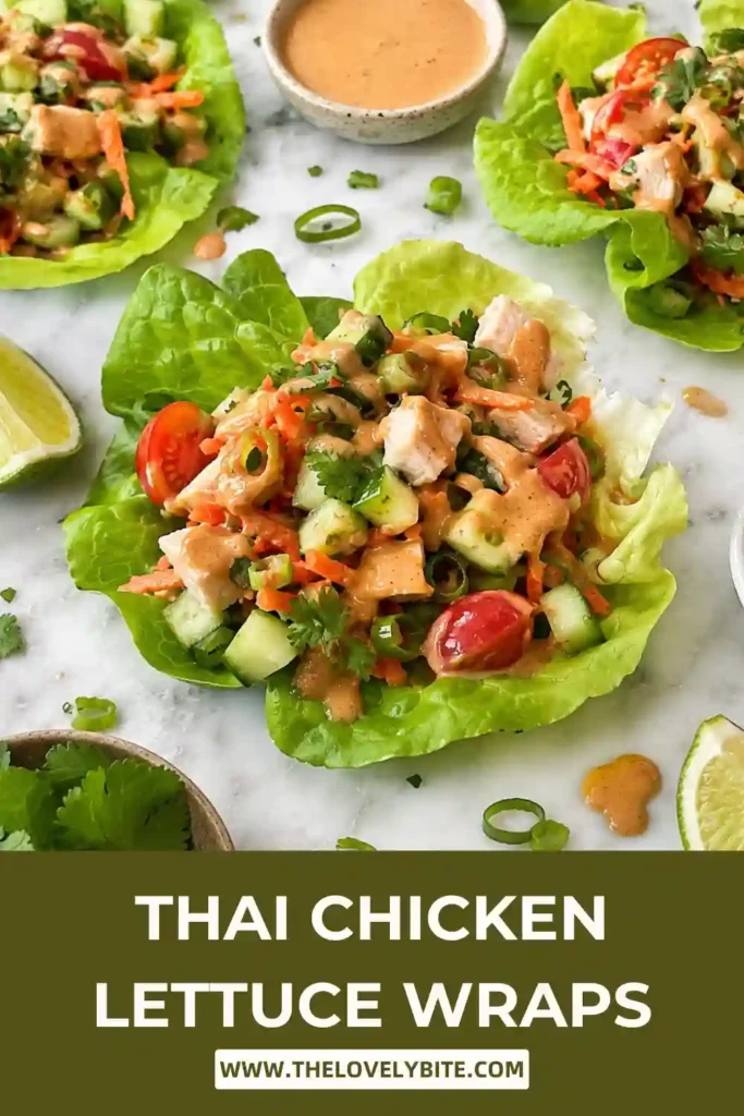 Fresh butter lettuce wraps stuffed with juicy chicken, crunchy vegetables, and creamy peanut dressing. A light and healthy low-carb recipe.