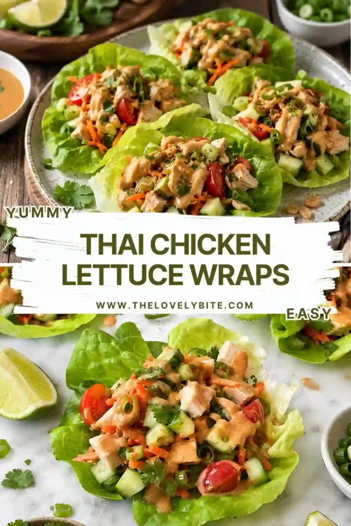 Healthy chicken lettuce wraps topped with fresh vegetables, homemade peanut sauce, and chopped cilantro. A colorful Thai-inspired meal perfect for lunch or dinner.