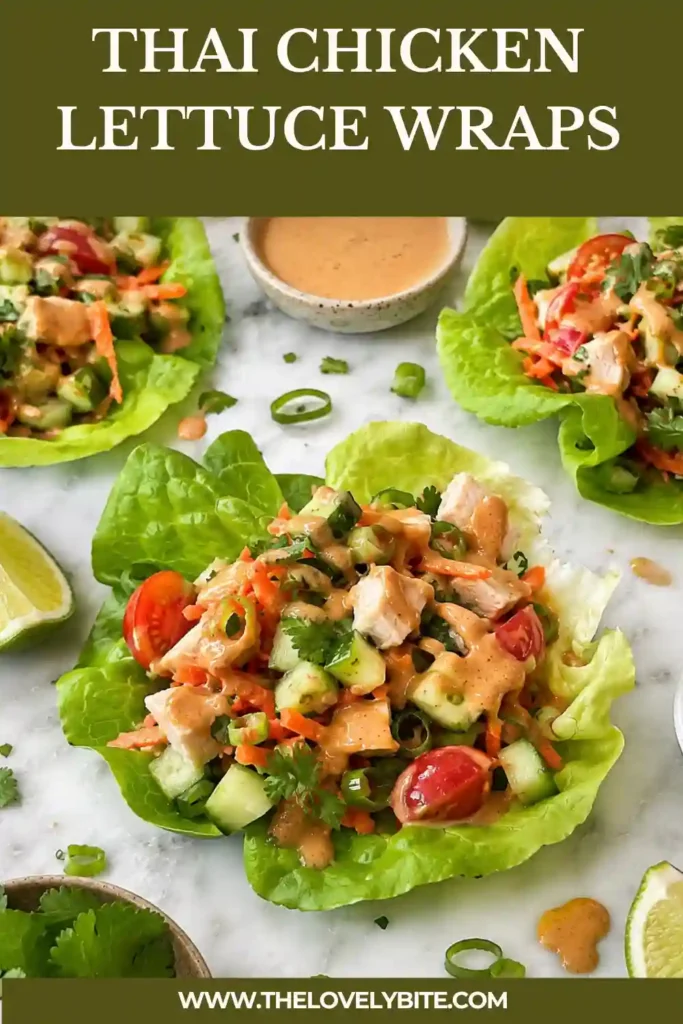 Thai Chicken Lettuce Wraps filled with shredded chicken, carrots, cucumber, tomatoes, cilantro, and creamy peanut sauce served on crisp butter lettuce leaves.
