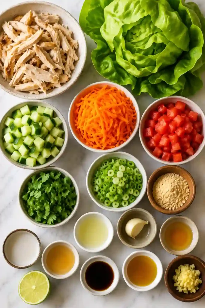 Thai-inspired chicken lettuce wraps featuring shredded chicken, cucumber, carrots, tomatoes, herbs, and rich peanut sauce served on crisp lettuce leaves.
